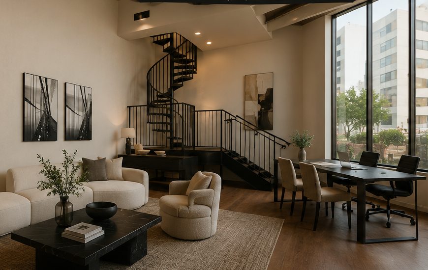 Visualization of the studio floor: a bouclé sofa and black marble table on a woven rug, a black spiral stair, and a long black table at a wall of windows.